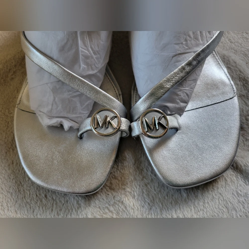 Michael Kors | BNIB Mid Letty Metallic Silver Strappy Toe Post Kitten Heels - Picture 8 of 13